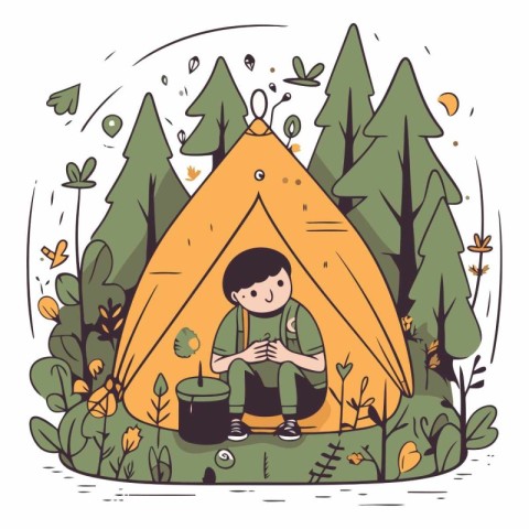 Vector illustration of a boy camping in the woods. Camping conce