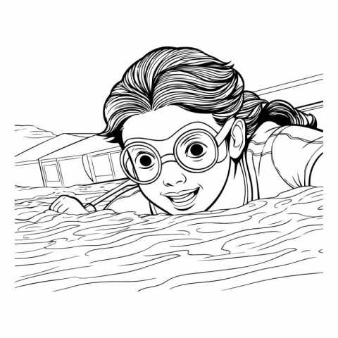 Boy swimming in the sea. Black and white vector illustration for