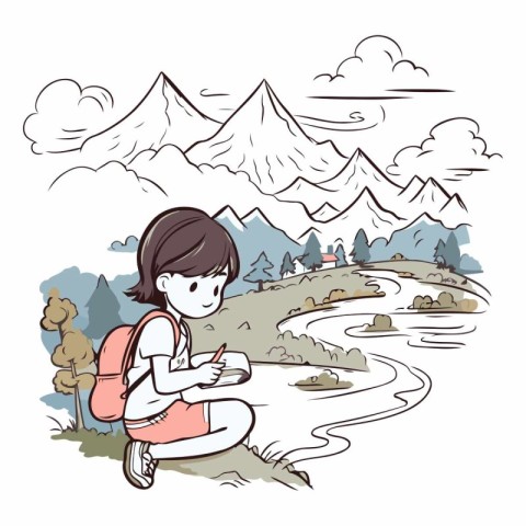 Illustration of a girl with a backpack and a map on a mountain b