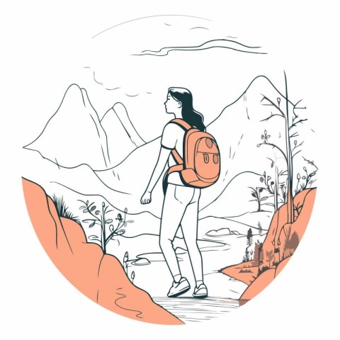 Hiking woman with backpack on the mountain in sketch style.