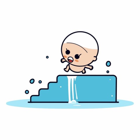 Cute baby swimming in a fountain. flat design