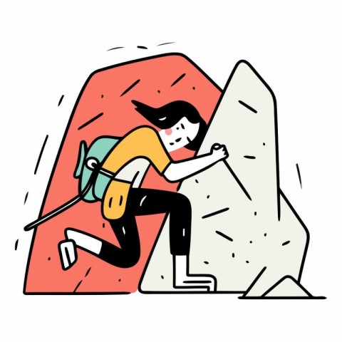 Vector illustration of a man climbing up on a rock. flat style.