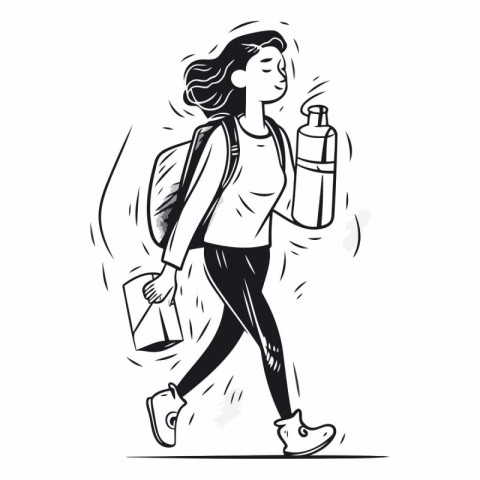 Girl with a backpack and a bottle of water.