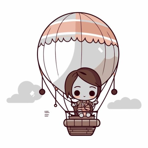 cute little girl in hot air balloon cartoon vector illustration