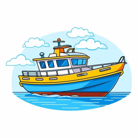 Fishing boat on the water in cartoon style.