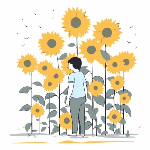 Vector illustration of a young man standing in a sunflower field