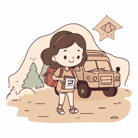 Illustration of a Girl Hiking with a Backpack and a Map