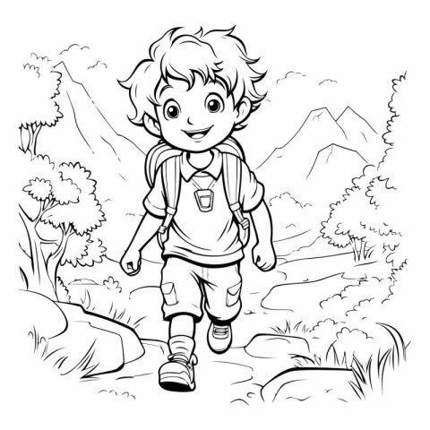 Hiking boy - black and white vector illustration for coloring bo