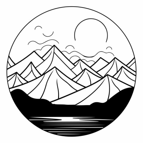 Landscape with mountains and lake. Black and white vector illust