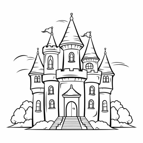 Fairytale castle. Black and white vector illustration for colori