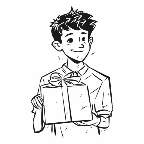 Vector illustration of a young man holding a gift box in his han