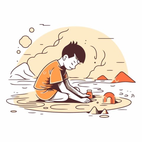 Boy playing with sand on the beach in cartoon style