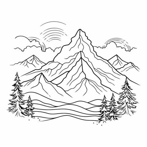 Mountains and forest. Black and white vector illustration for co