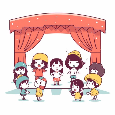 Illustration of children on stage with curtains in the backgroun