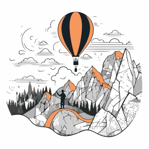 Hand drawn mountain landscape with hot air balloon in the sky.