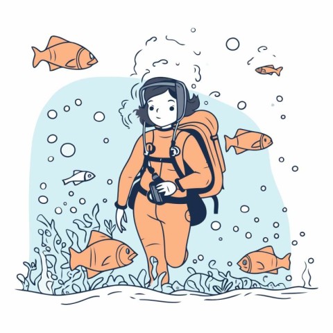 Vector illustration of a girl in a diving suit with a backpack a