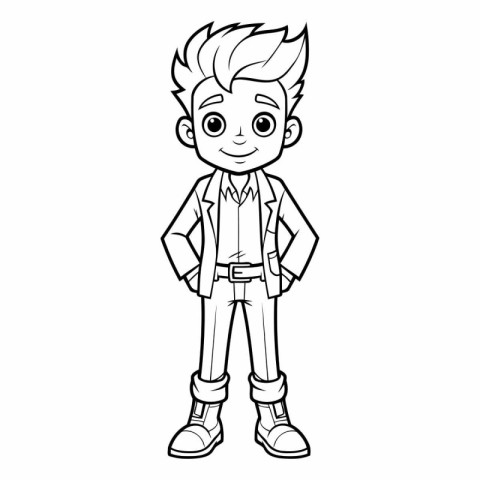 Black and White Cartoon Kid Boy Character in Casual Clothes Vect