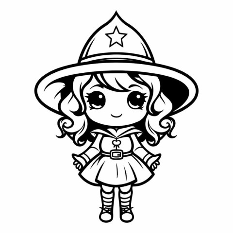 Black and White Cartoon Illustration of Cute Little Witch Girl C