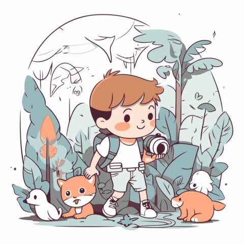 Boy with camera and cute animals in the park.