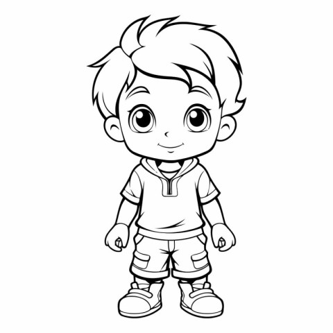 Black and White Cartoon Illustration of Cute Little Boy Characte