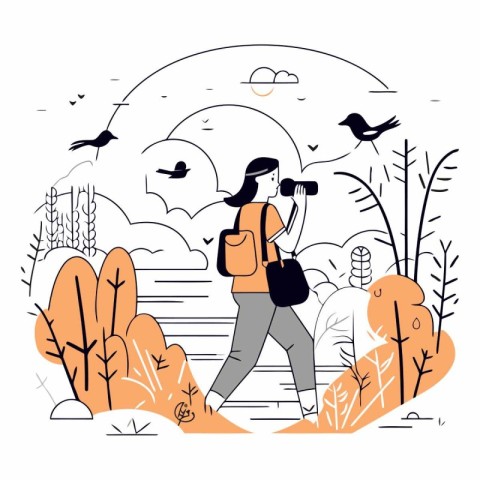 Vector illustration of a girl walking in the autumn park with a