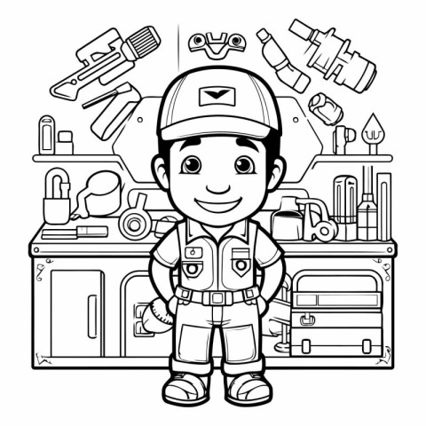 Black and White Cartoon Illustration of a Mechanic or Fireman Ch