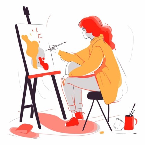 Woman artist draws a picture on the easel.