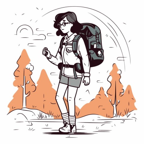 Young woman hiker with a backpack in the mountains.