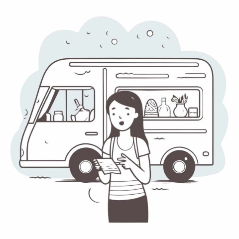 Illustration of a woman standing in front of a camper van.