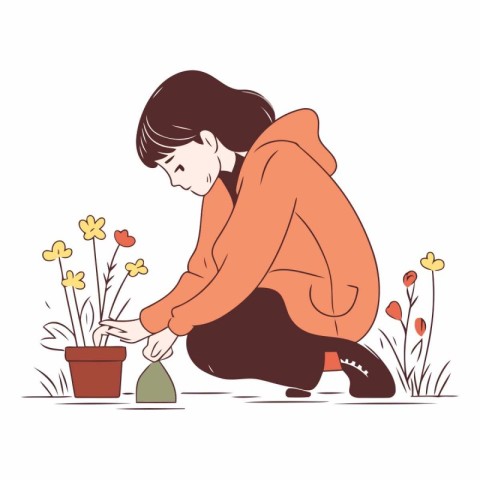 Woman planting flowers in the garden in flat style.