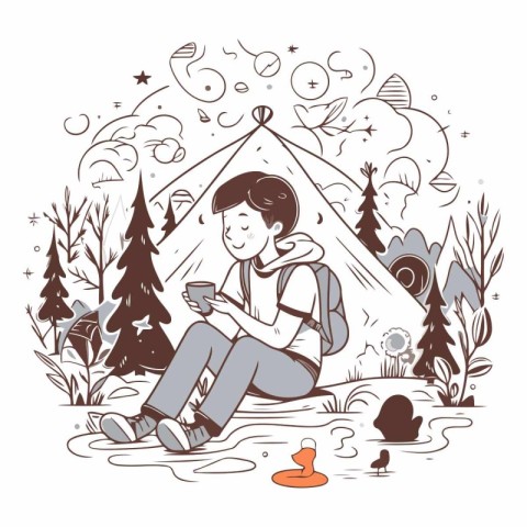 Vector illustration of a boy sitting in the woods and drinking w