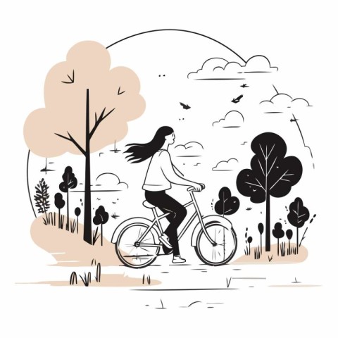 Young woman riding a bicycle in the park. Vector hand drawn illu