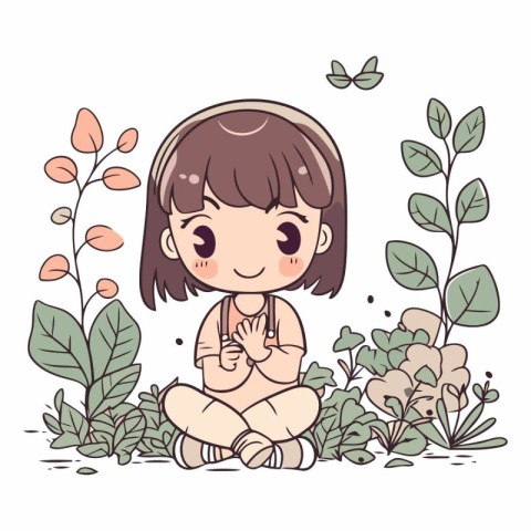 Cute little girl sitting on the ground surrounded by plants.