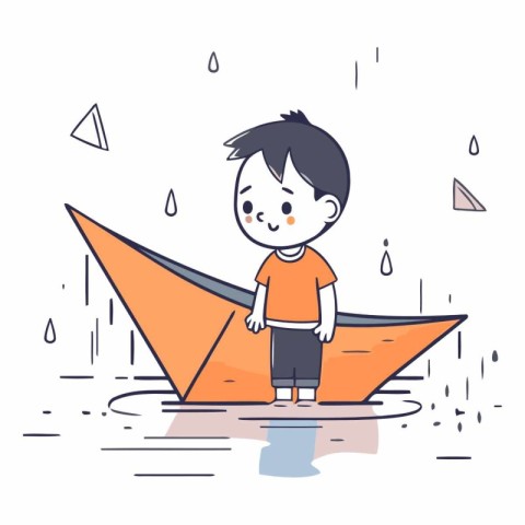 Cute little boy playing with origami boat.