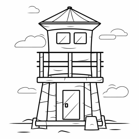 Black and White Cartoon Illustration of a Lifeguard House or Lig