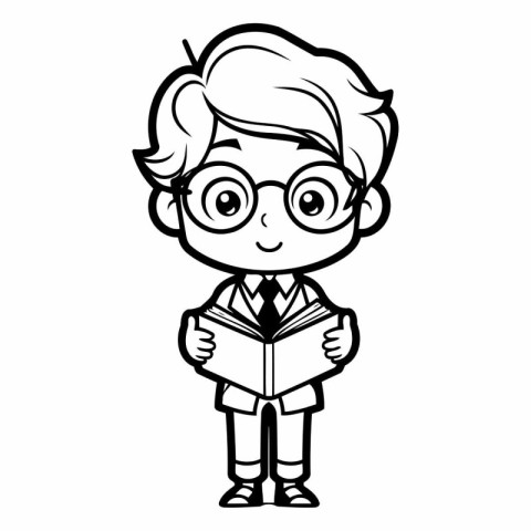 Black and White Cartoon Illustration of School Boy Reading a Boo