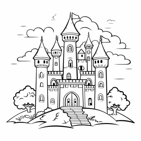 Castle in the forest. Black and white illustration for coloring