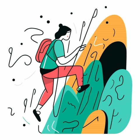 Vector illustration of a woman climbing a mountain. Flat design