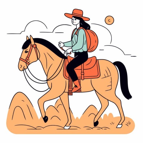 Vector illustration of a girl riding a horse in the mountains. C