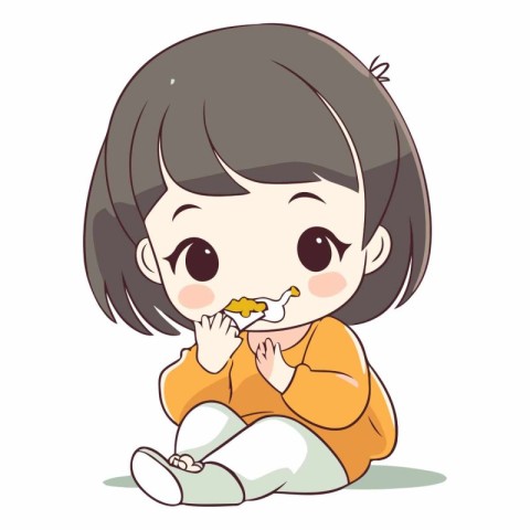 Illustration of a Cute Little Girl Eating a Piece of Bread