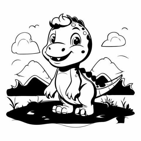 Cute Cartoon Dinosaur - Black and White Cartoon Illustration. Ve