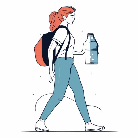 Vector illustration of a woman with a backpack and a bottle of w