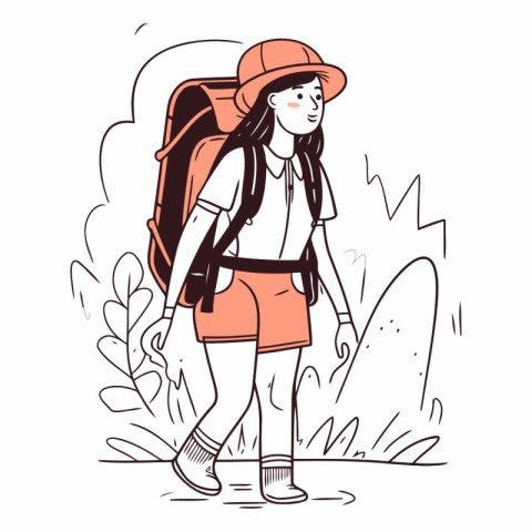 Hiking girl with backpack in doodle style