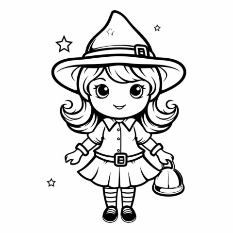 Black and White Cartoon Illustration of Cute Little Witch Girl C