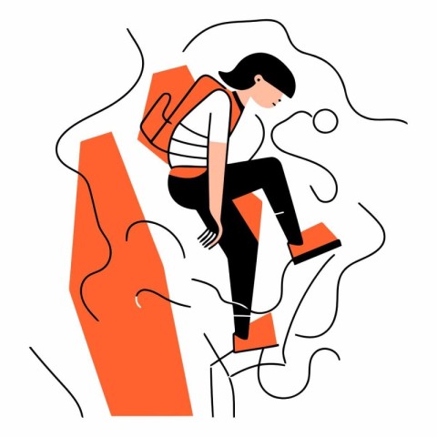 Young man climbing a wall in flat cartoon style.