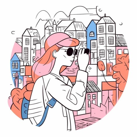 Vector illustration of a young woman with binoculars in the city