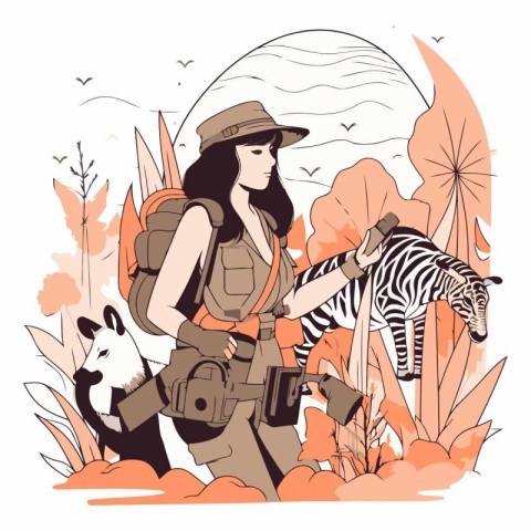 Vector illustration of a girl in a safari hat with a backpack an