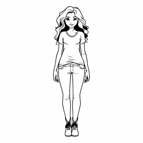 Vector illustration of a beautiful girl in jeans and t-shirt.