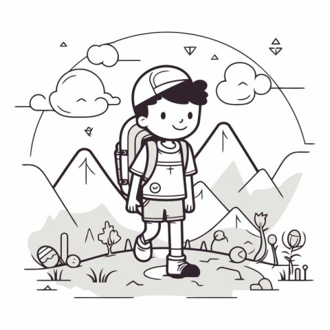 Cartoon illustration of a boy with a backpack standing on a moun