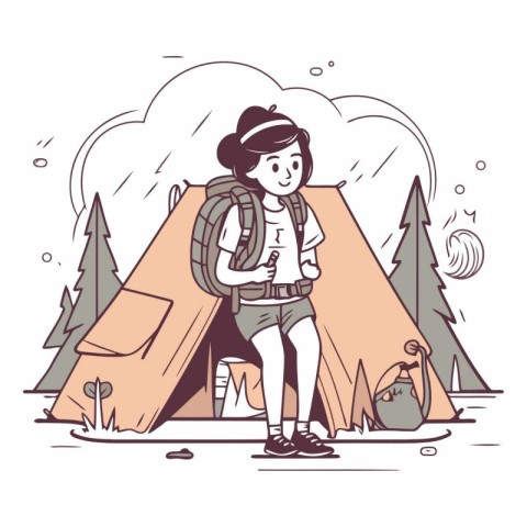 Tourist girl with backpack in the camping in sketch style.